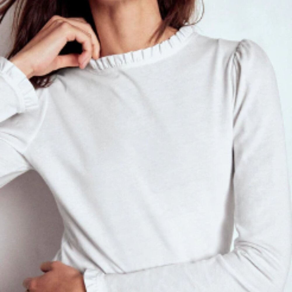 BODEN white Supersoft Frill ruffle Detail long sleeve cotton Top
Sz 2